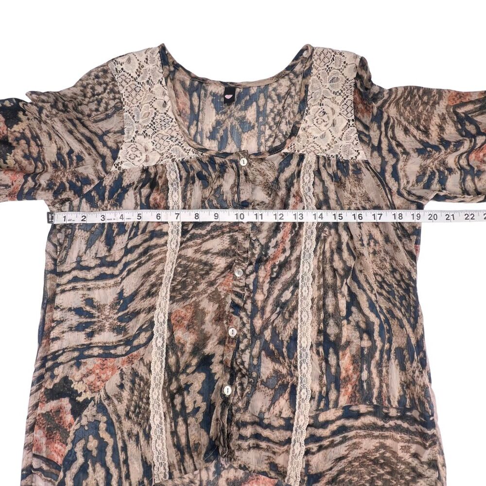 Love Squared Blouse 0X Abstract Print Lace Yoke Trim Sheer Boho Flowy Blouse - Picture 3 of 8